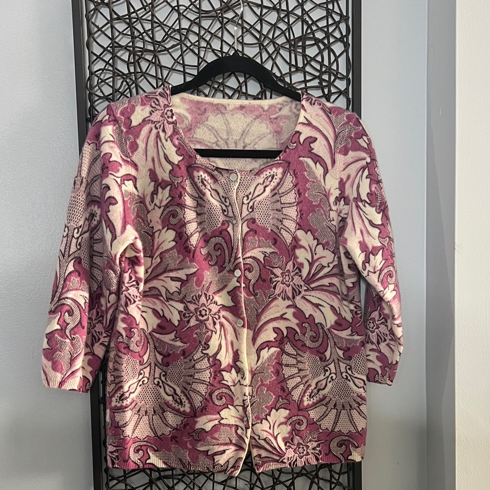 Talbots Peony Pink and Cream 100% Cashmere Cardigan